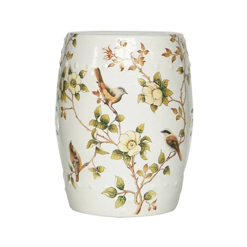 Cream White Garden Stool With Flower and Hwamei Birds