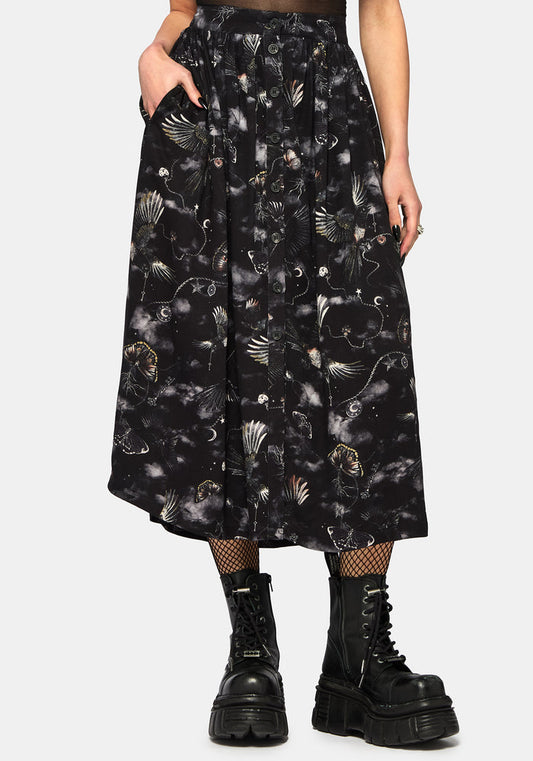 Crimson Magpie and Moth Print Button Up Midi Skirt