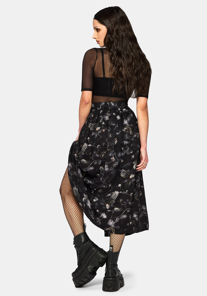 Crimson Magpie and Moth Print Button Up Midi Skirt