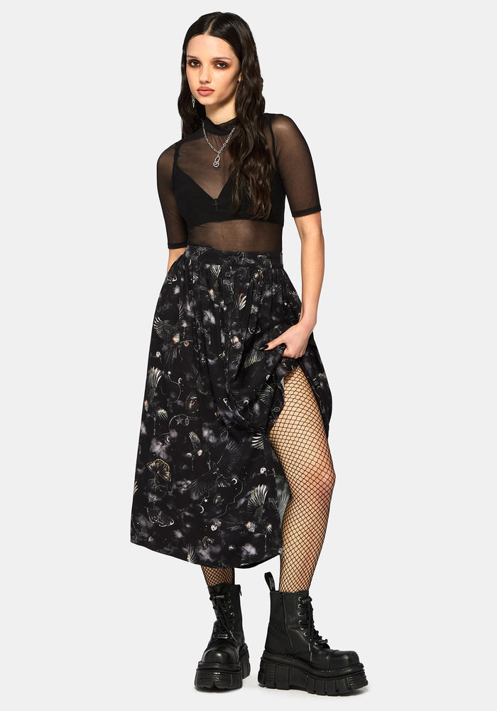 Crimson Magpie and Moth Print Button Up Midi Skirt