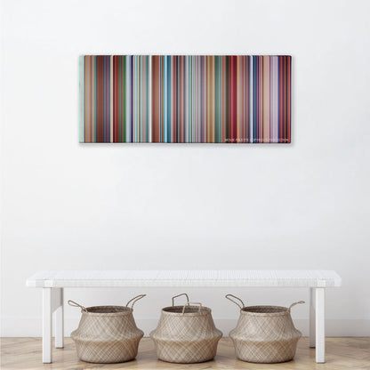 Despicable Me color palette canvas above a white bench with three woven baskets