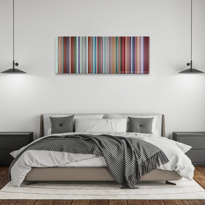 Despicable Me color palette canvas above a bed, between two black pendant lamps