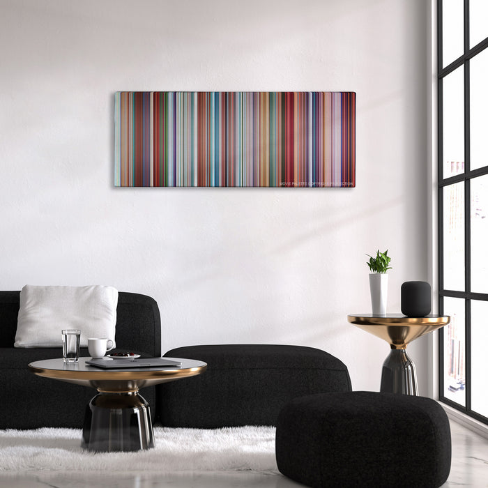 Despicable Me color palette canvas above a black sofa with a gold-topped table