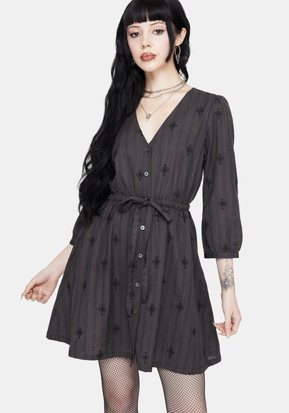Diana Cotton Blend Stripe Cross Embroidered Mini Dress