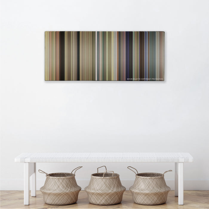 Dumb and Dumber To color palette canvas above a white bench with three woven baskets