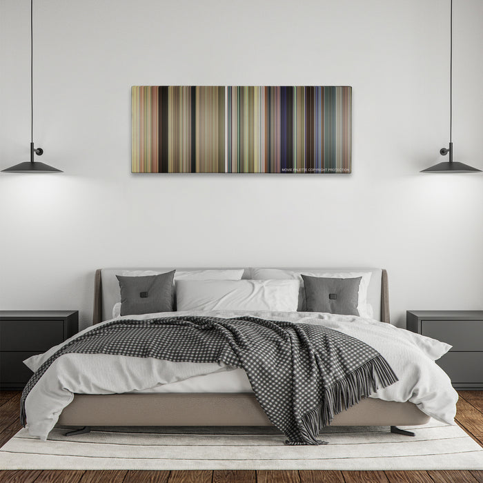 Dumb and Dumber To color palette canvas above a bed, between two black pendant lamps
