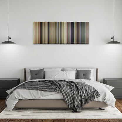 Dumb and Dumber To color palette canvas above a bed, between two black pendant lamps