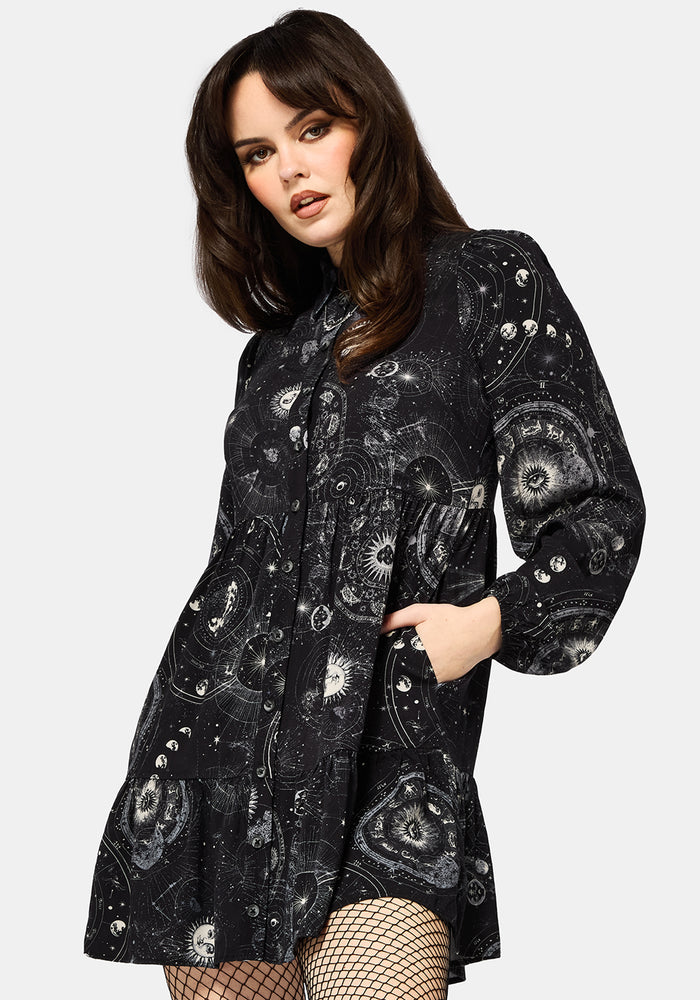 Elise Celestial Print Mini Shirt Dress UK 10