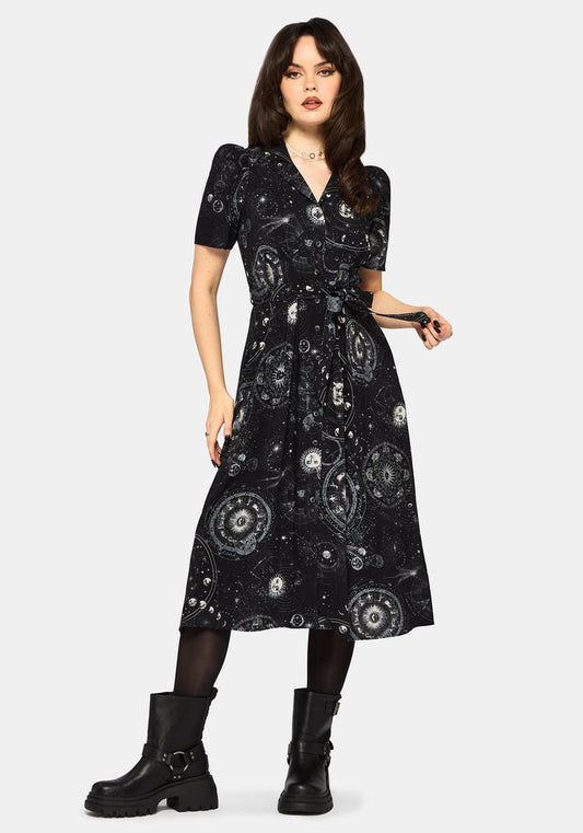 Elise Celestial Print Puff Sleeve Midaxi Shirt Dress