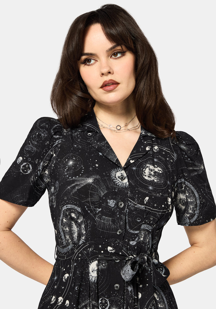 Elise Celestial Print Puff Sleeve Midaxi Shirt Dress UK 10
