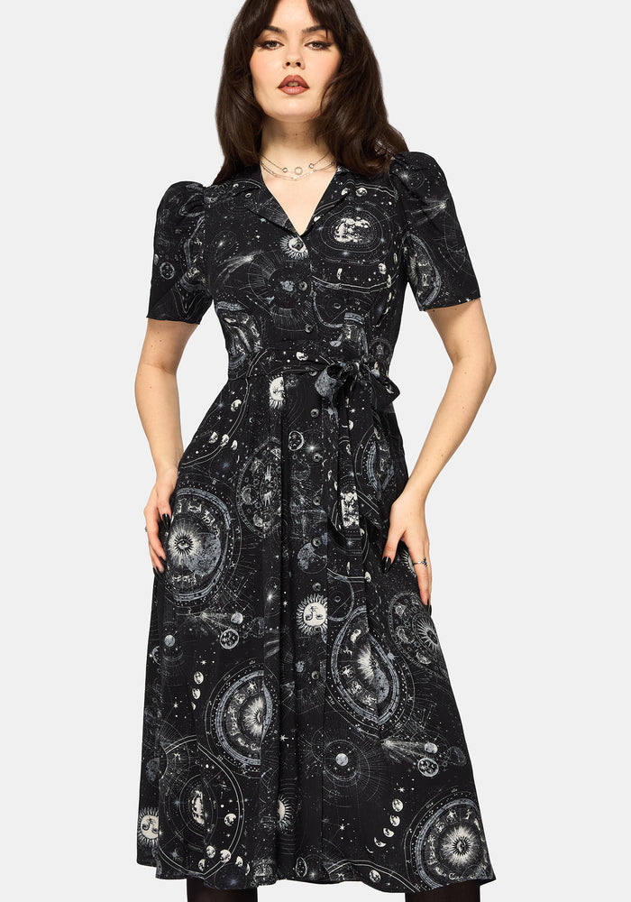 Elise Celestial Print Puff Sleeve Midaxi Shirt Dress UK 10
