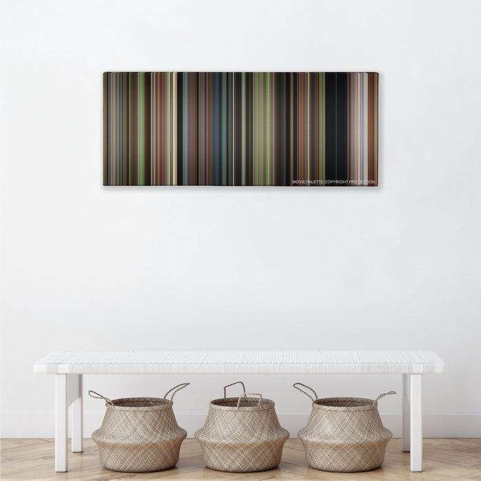 Enola Holmes color palette canvas above a white bench with three woven baskets