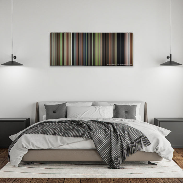 Enola Holmes color palette canvas above a bed, between two black pendant lamps