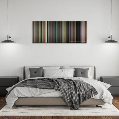 Enola Holmes color palette canvas above a bed, between two black pendant lamps