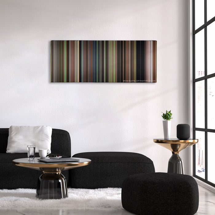 Enola Holmes color palette canvas above a black sofa with a gold-topped table