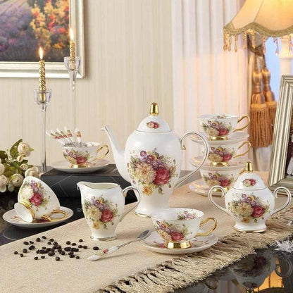 Europe Rose Coffee Bone China Tea Set - Elegant and Delicate Dining Collection