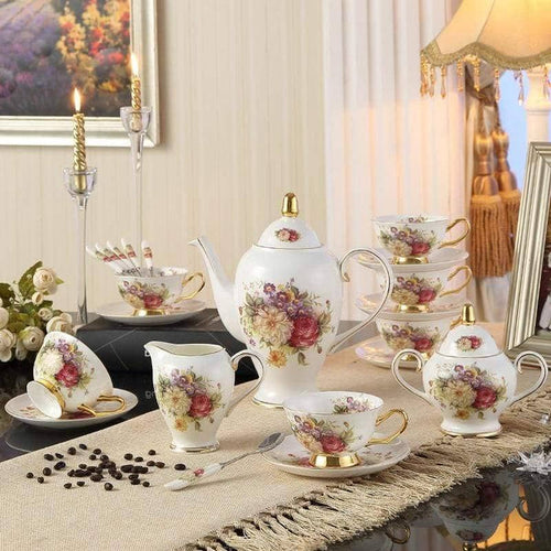 Europe Rose Coffee Bone China Tea Set - Elegant and Delicate Dining Collection