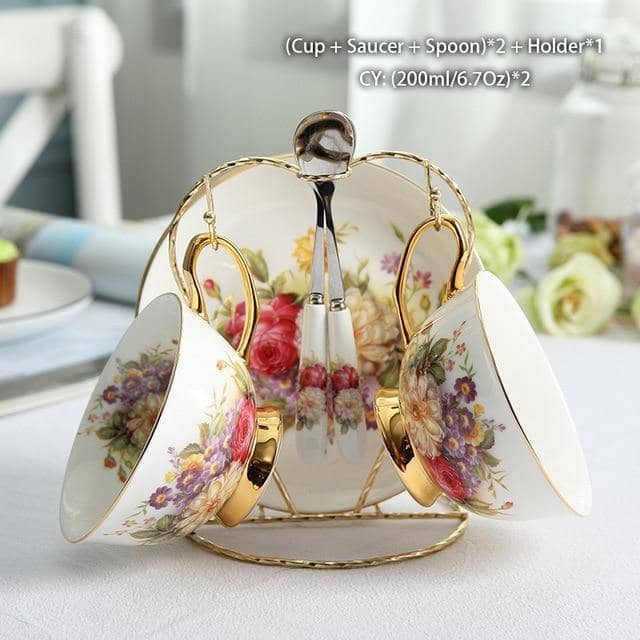 Europe Rose Coffee Bone China Tea Set - Elegant and Delicate Dining Collection