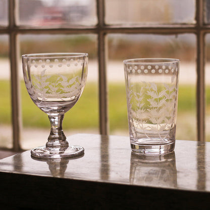 Beatriz Ball Glass Fern with Dots All Purpose — With a separate taller Fern tumbler beside a window