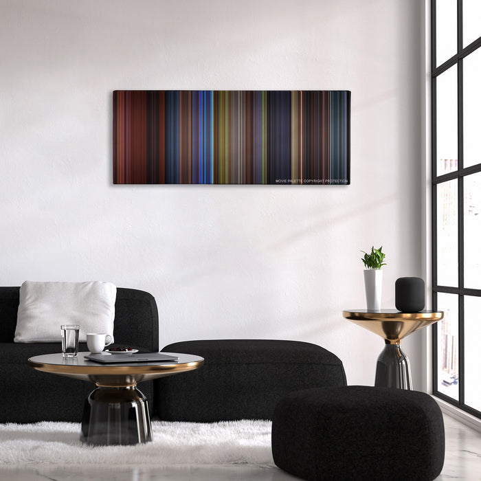 Final Destination 3 color palette canvas above a black sofa with a gold-topped table