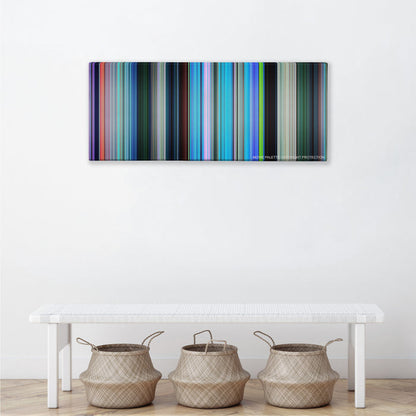 Finding Nemo color palette canvas above a white bench with three woven baskets
