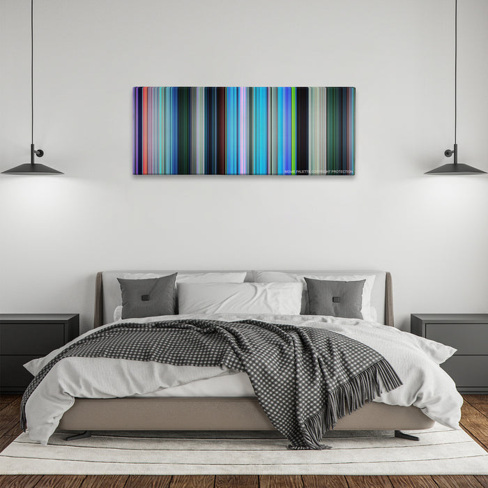 Finding Nemo color palette canvas above a bed, between two black pendant lamps