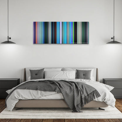 Finding Nemo color palette canvas above a bed, between two black pendant lamps