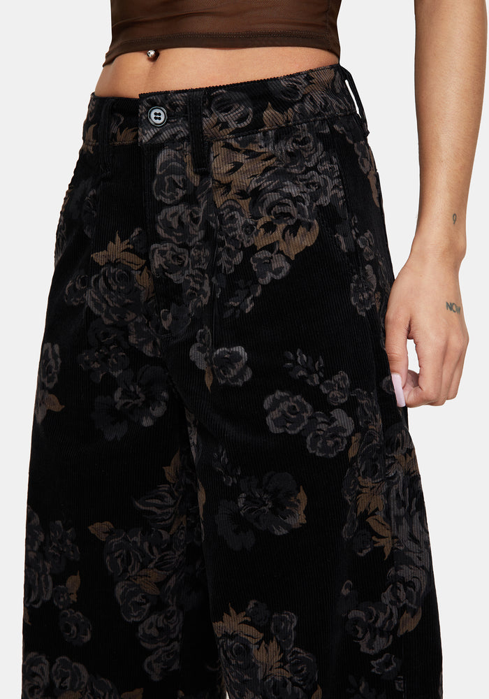 Fleur Printed Cord Barrel Leg Trouser