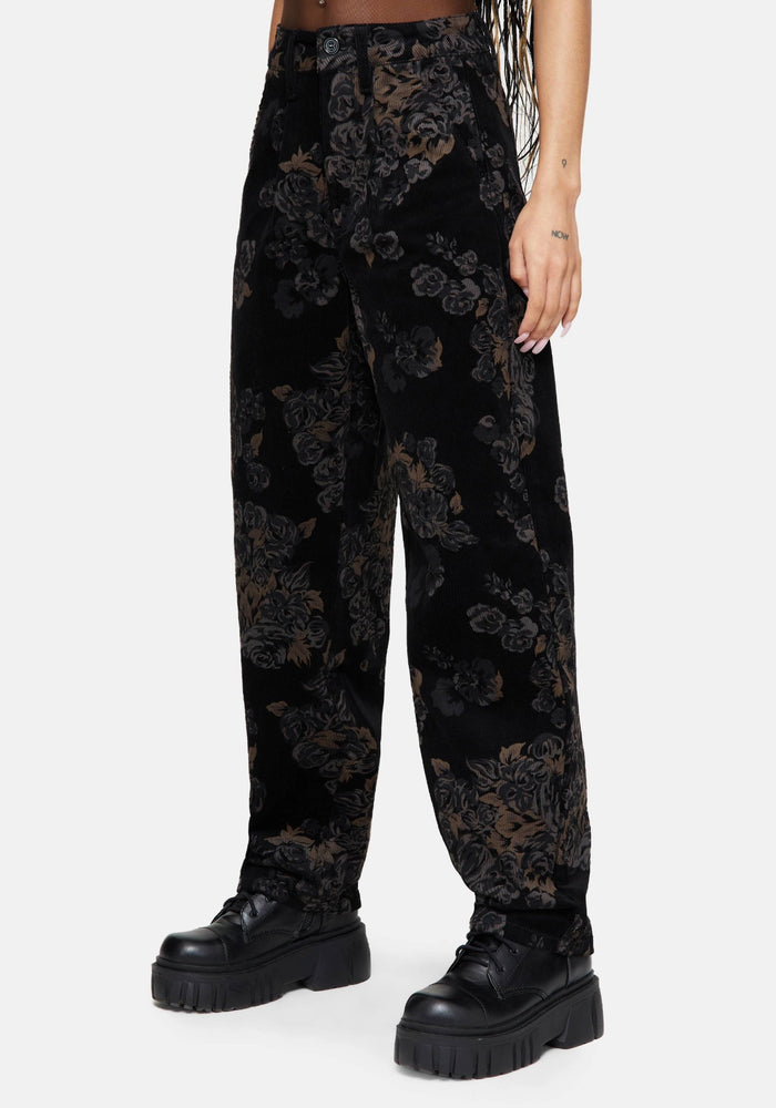 Fleur Printed Cord Barrel Leg Trouser