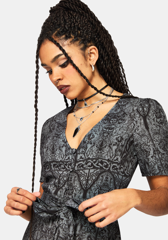 Fracture Cathedral Print Button Down Midi Dress