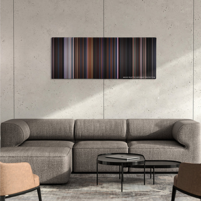 Friday the 13th Part VIII: Jason Takes Manhattan color palette canvas on a concrete wall above a gray sectional sofa