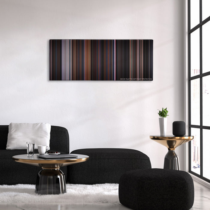 Friday the 13th Part VIII: Jason Takes Manhattan color palette canvas above a black sofa with a gold-topped table