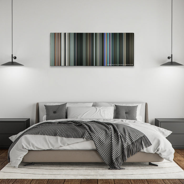 Gamer color palette canvas above a bed, between two black pendant lamps