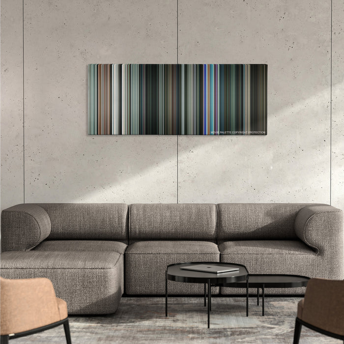 Gamer color palette canvas on a concrete wall above a gray sectional sofa