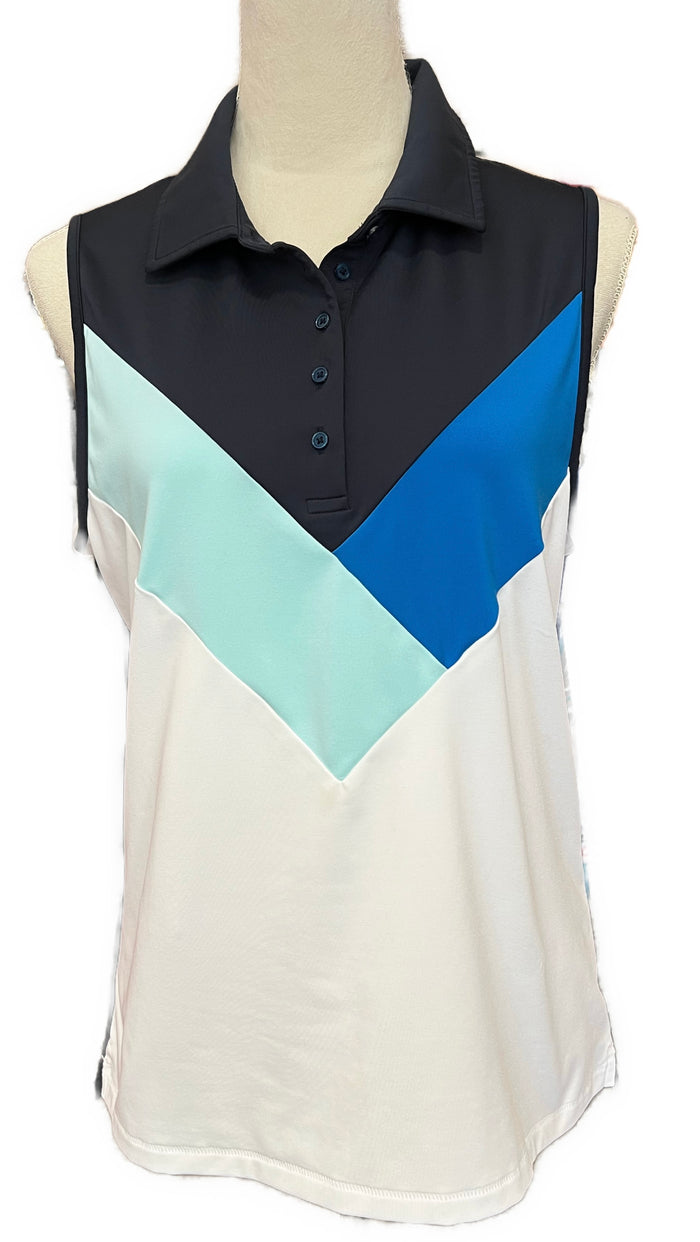 G/Fore Women's Multi V Navy/White/Blue Sleeveless Golf Polo Size L MSP$110