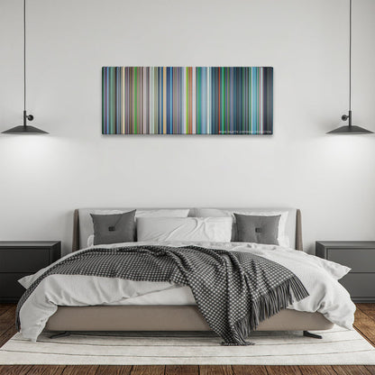Ghost in the Shell color palette canvas above a bed, between two black pendant lamps