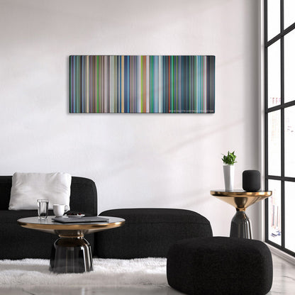 Ghost in the Shell color palette canvas above a black sofa with a gold-topped table
