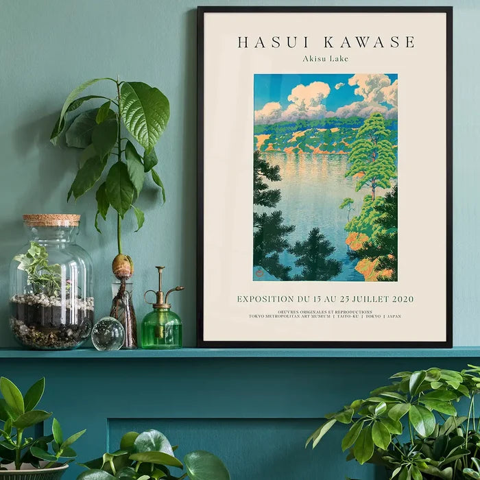 Hasui Kawase Akisu Lake Exhibition Poster Print, Japanese woodblock print black framed on a living room shelf