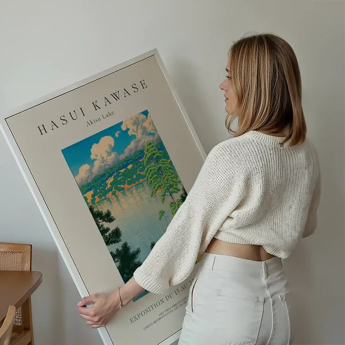 Hasui Kawase Akisu Lake Exhibition Poster Print held up against a living room wall