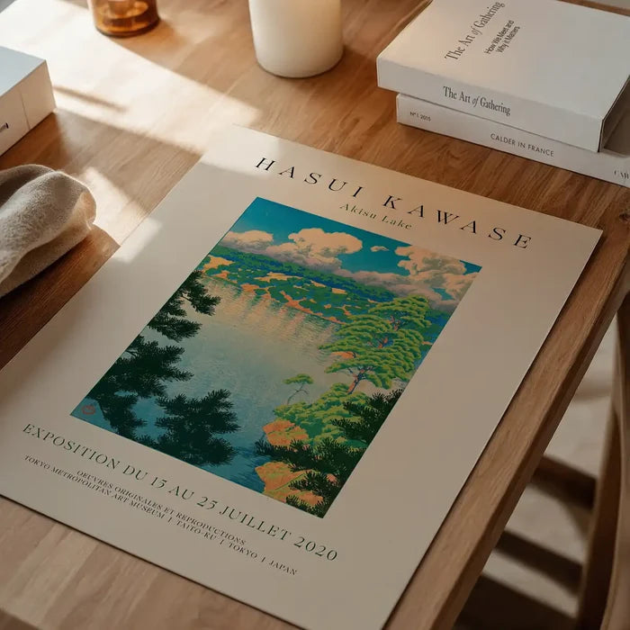 Hasui Kawase Akisu Lake Exhibition Poster Print, Japanese woodblock print unframed on a home office desk