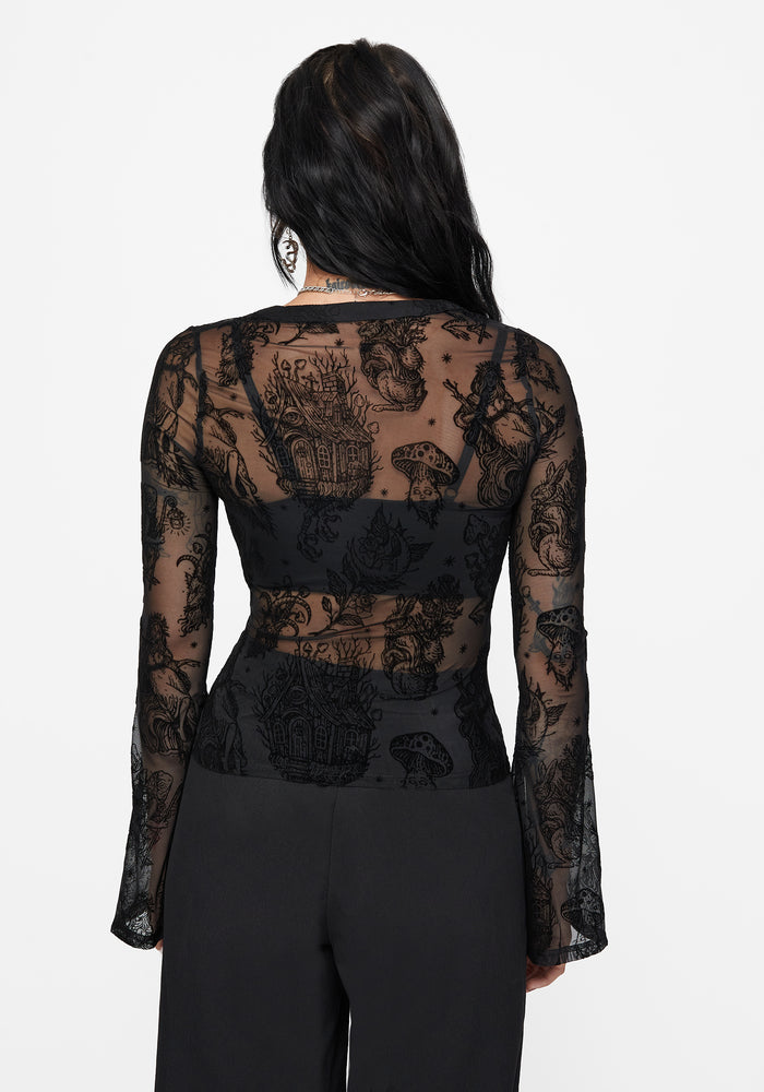 Hexborn Baba Yaga Flocked Button Down Mesh Top