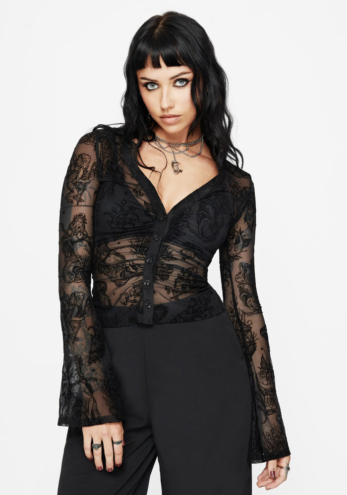 Hexborn Baba Yaga Flocked Button Down Mesh Top