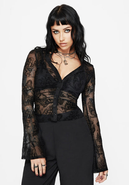 Hexborn Baba Yaga Flocked Button Down Mesh Top