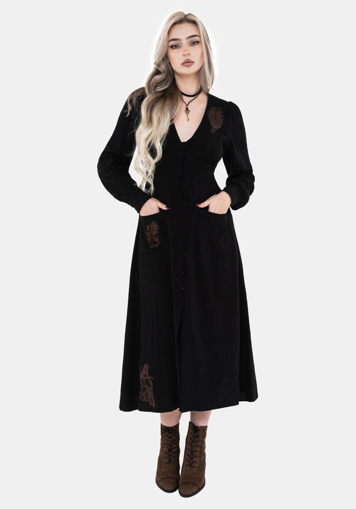 Hexborn Linen-Blend Baba Yaga Embroidered Midi Dress