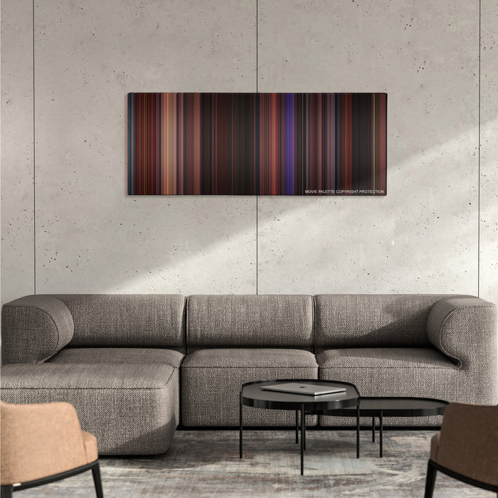 Hocus Pocus color palette canvas on a concrete wall above a gray sectional sofa