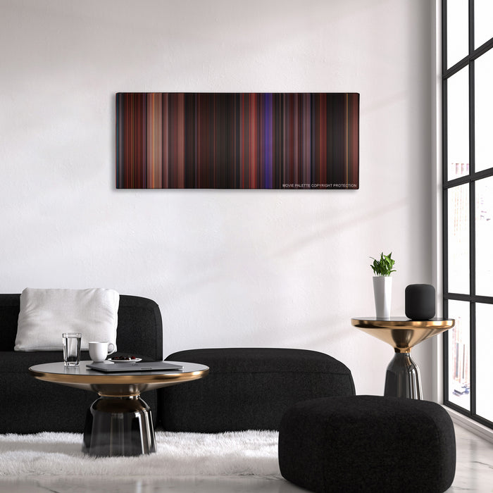 Hocus Pocus color palette canvas above a black sofa with a gold-topped table