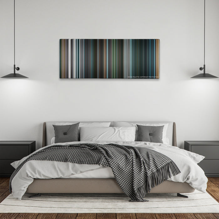 I, Robot color palette canvas above a bed, between two black pendant lamps