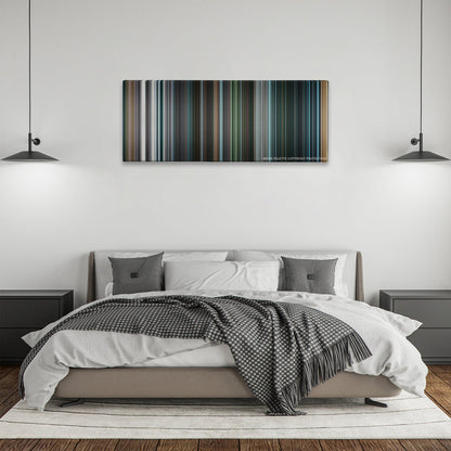 I, Robot color palette canvas above a bed, between two black pendant lamps