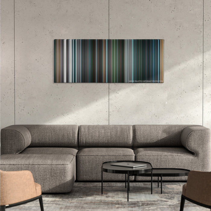 I, Robot color palette canvas on a concrete wall above a gray sectional sofa