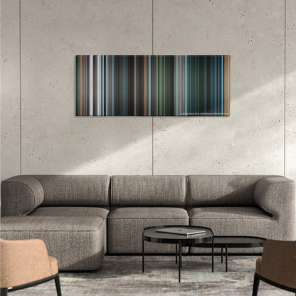 I, Robot color palette canvas on a concrete wall above a gray sectional sofa